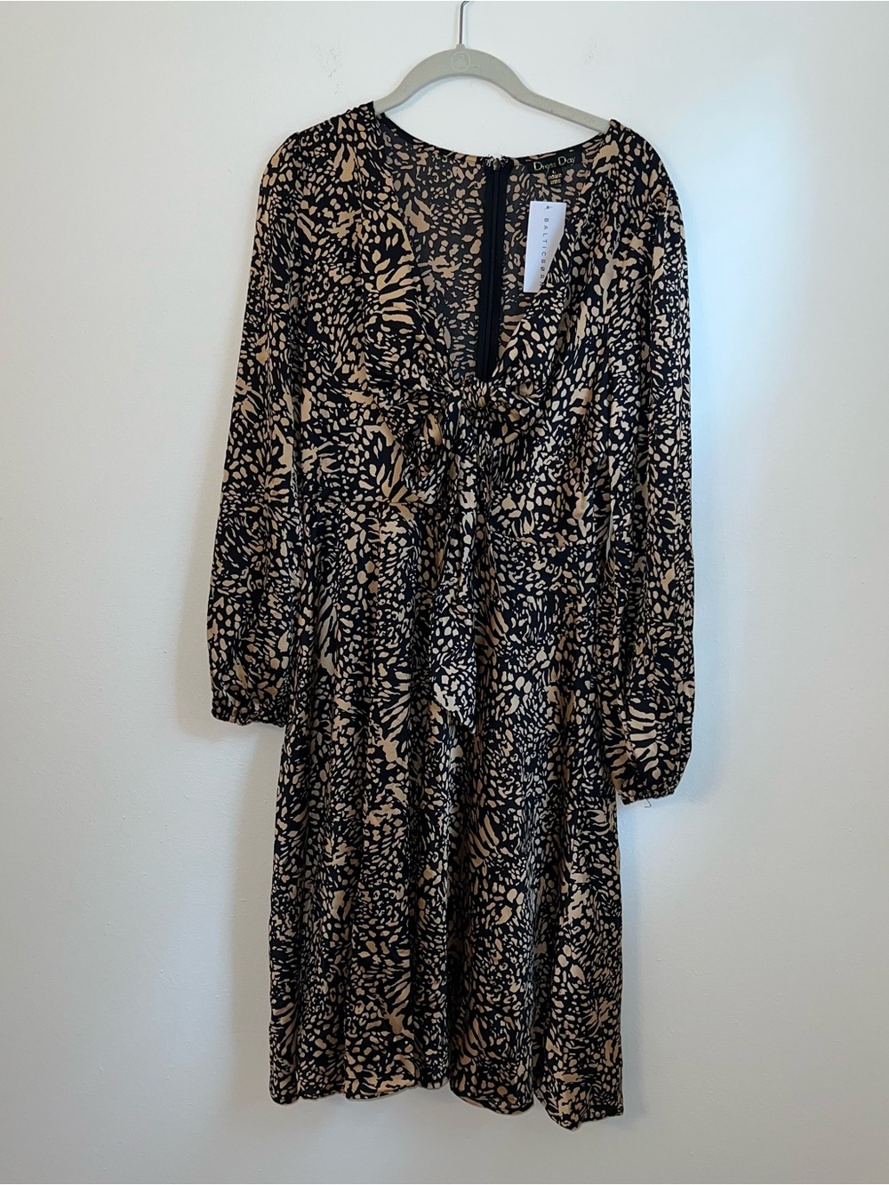 Black & Beige Printed Tie-Front Long Sleeve Dress